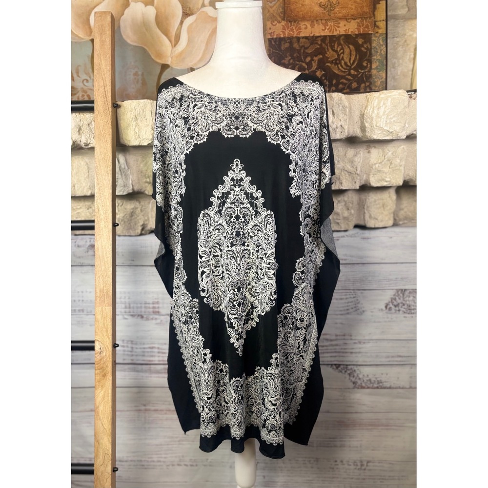 Metaphor Womens Large Black White Paisley Medallion Kaftan Tunic Top